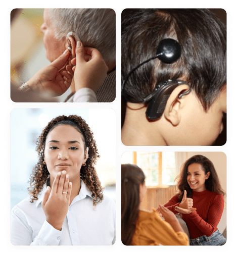 four picture collage depicting hearing aids and sign language