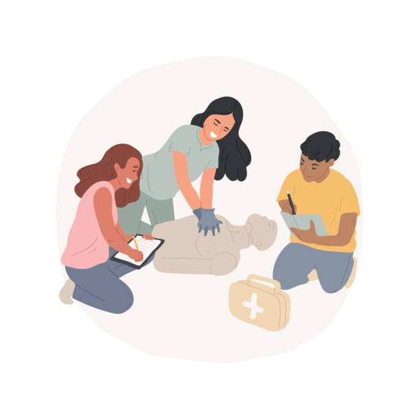 graphic drawing of three people practicing CPR training