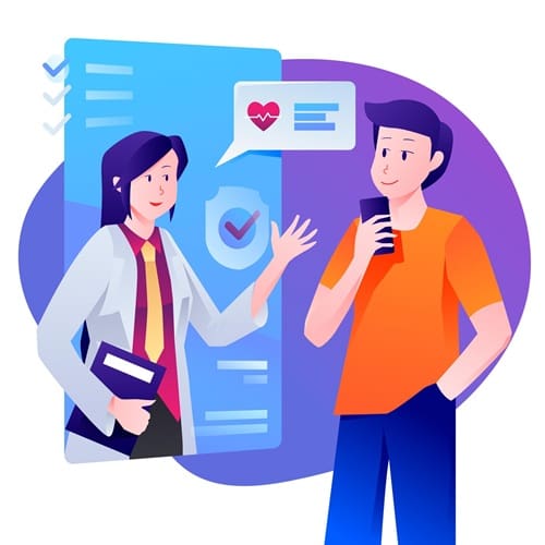 graphic of a female presenting doctor with shoulder length black hear and a white coat talking with a male presenting patient with short black hair wearing an orange shirt.