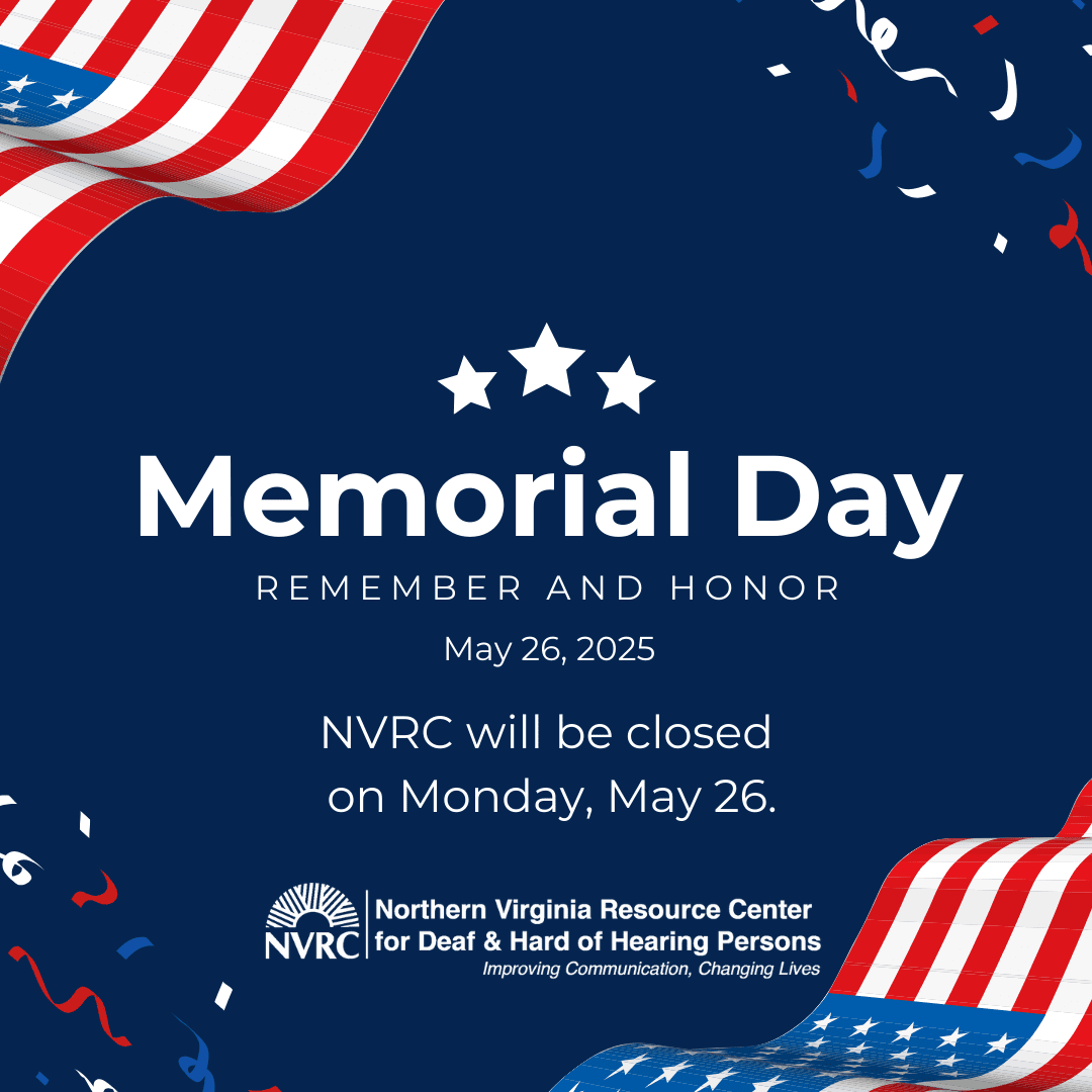 graphic for Memorial Day, white text on blue background with American flags at the upper left and bottom right corners