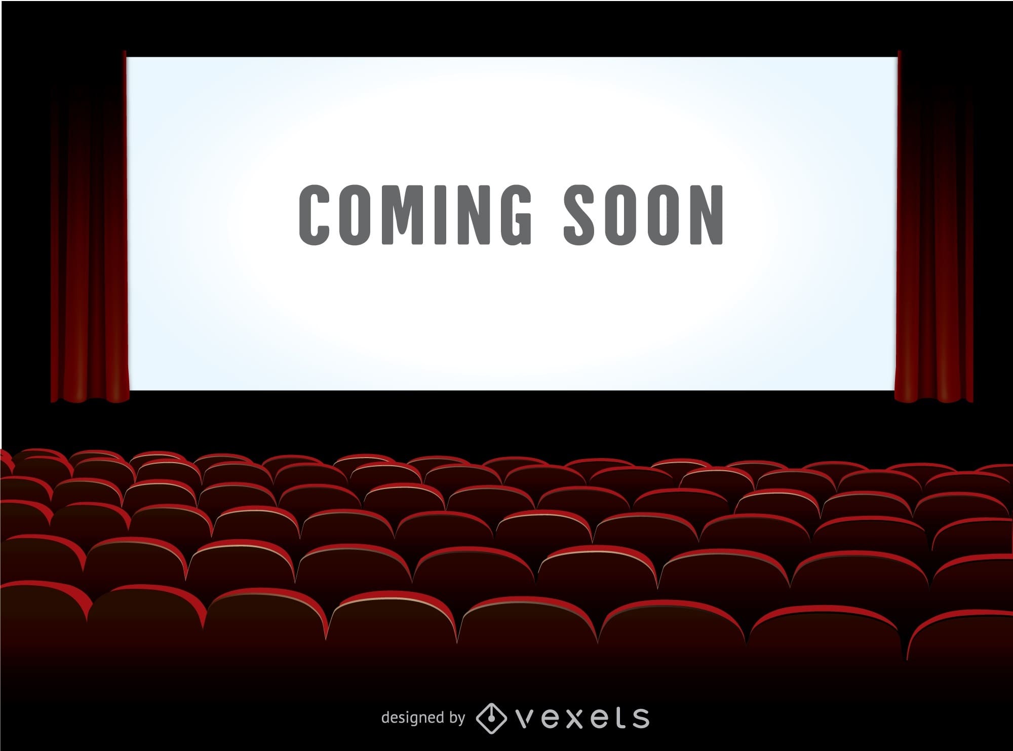 graphic showing red movie theater seats facing a big white screen with black text that says COMING SOON