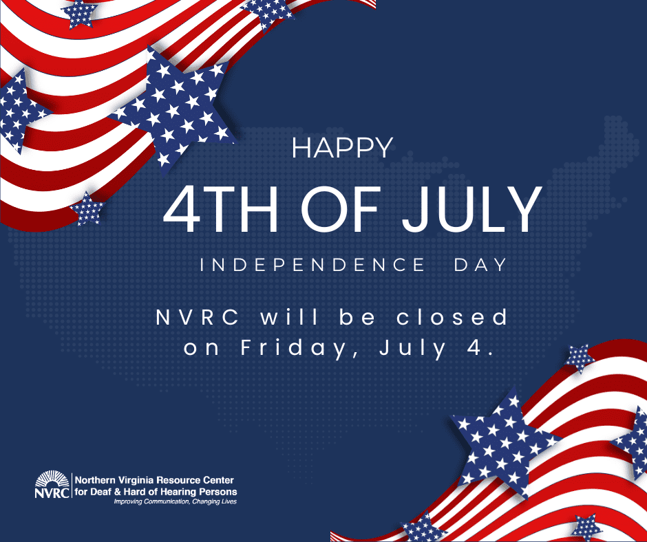 graphic - blue background with red and white stripes with blue star shapes patterned with white stars. white text reads Happy 4th of July - Independence Day - NVRC will be closed on Friday, July.