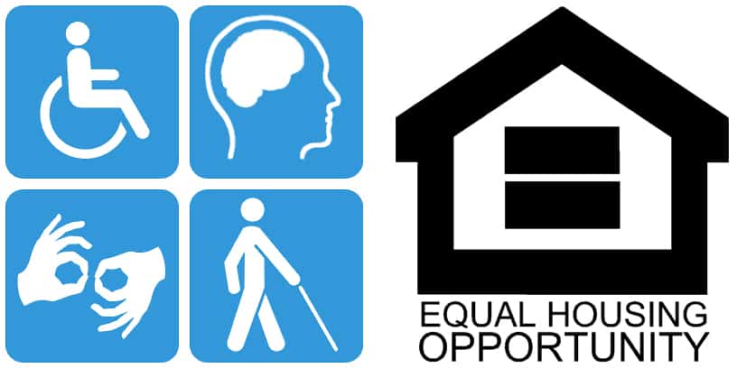 Fair Housing logo - four blue and white blocks showing disabilities with the Equal Housing Opportunity logo - black line drawing of a house with a black = sign inside