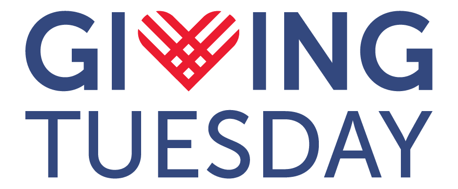 Giving Tuesday logo - white background with blue text. The V in giving is a red heart