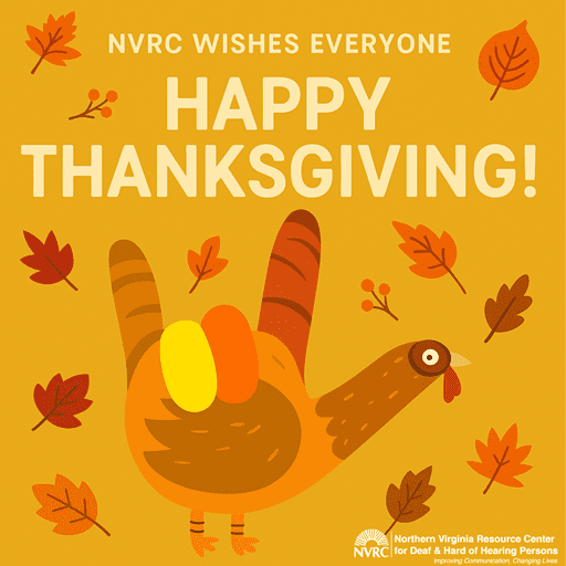 Graphic - orange background with dark orange and brown leaves scattered around. A turkey drawn in the shape of an "I Love You" handshape.