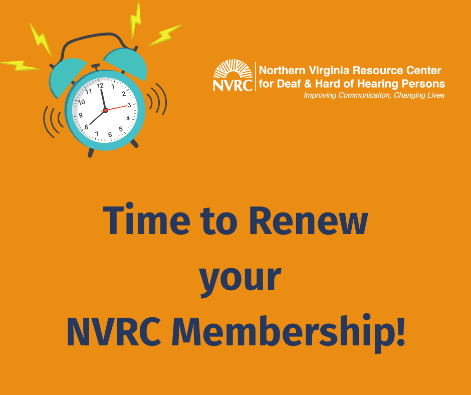 Graphic for renewing membership. Dark orange background, teal colored alarm clock upper left corner, white NVRC logo upper right corner, dark blue text center bottom reads Time to Renew your NVRC Membership
