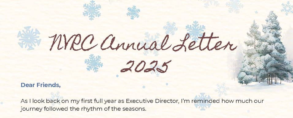 Graphic of the header from NVRC's Annual Letter, blue snowflakes on white background with green pine trees on the right