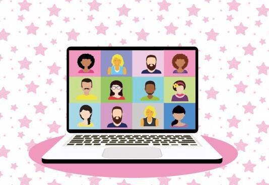 Graphic of a laptop computer with a Zoom meeting on the screen.