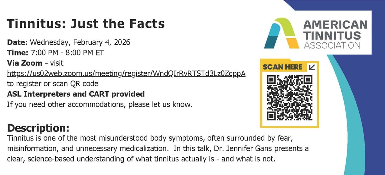 Graphic of the flyer for the Tinnitus: Just the Facts - Zoom presentation