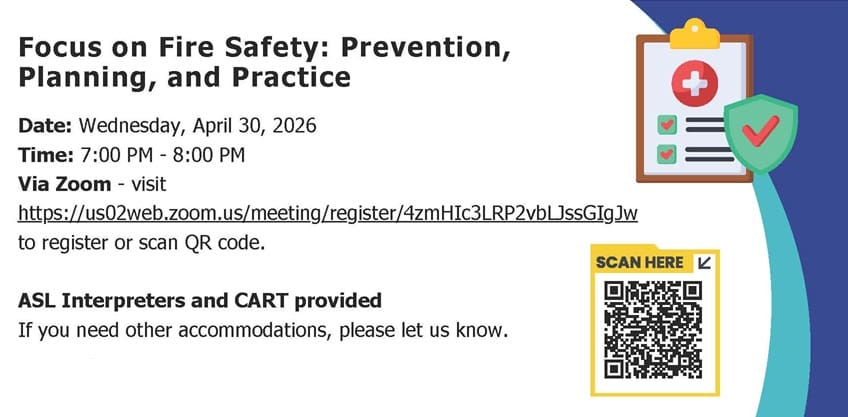 Graphic for the Focus on Fire Safety workshop - white background, black text, checklist graphic and blue swoop on the right side, QR code below.